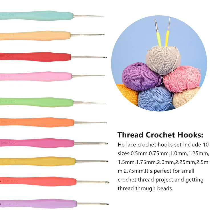 10Pcs Small Size Lace Crochet Hooks (0.5-2.75mm), Ergonomic