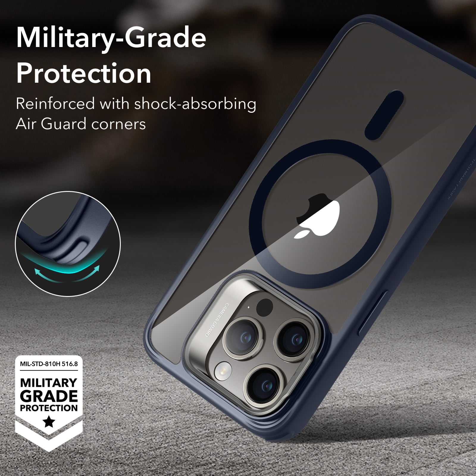 ESR Kickstand Case with HaloLock Compatible with iPhone 15 Pro Max Case, with adjustable Camera Guard, Compatible with MagSafe, Ultra-high Hardness Protection, Clear Dark Blue