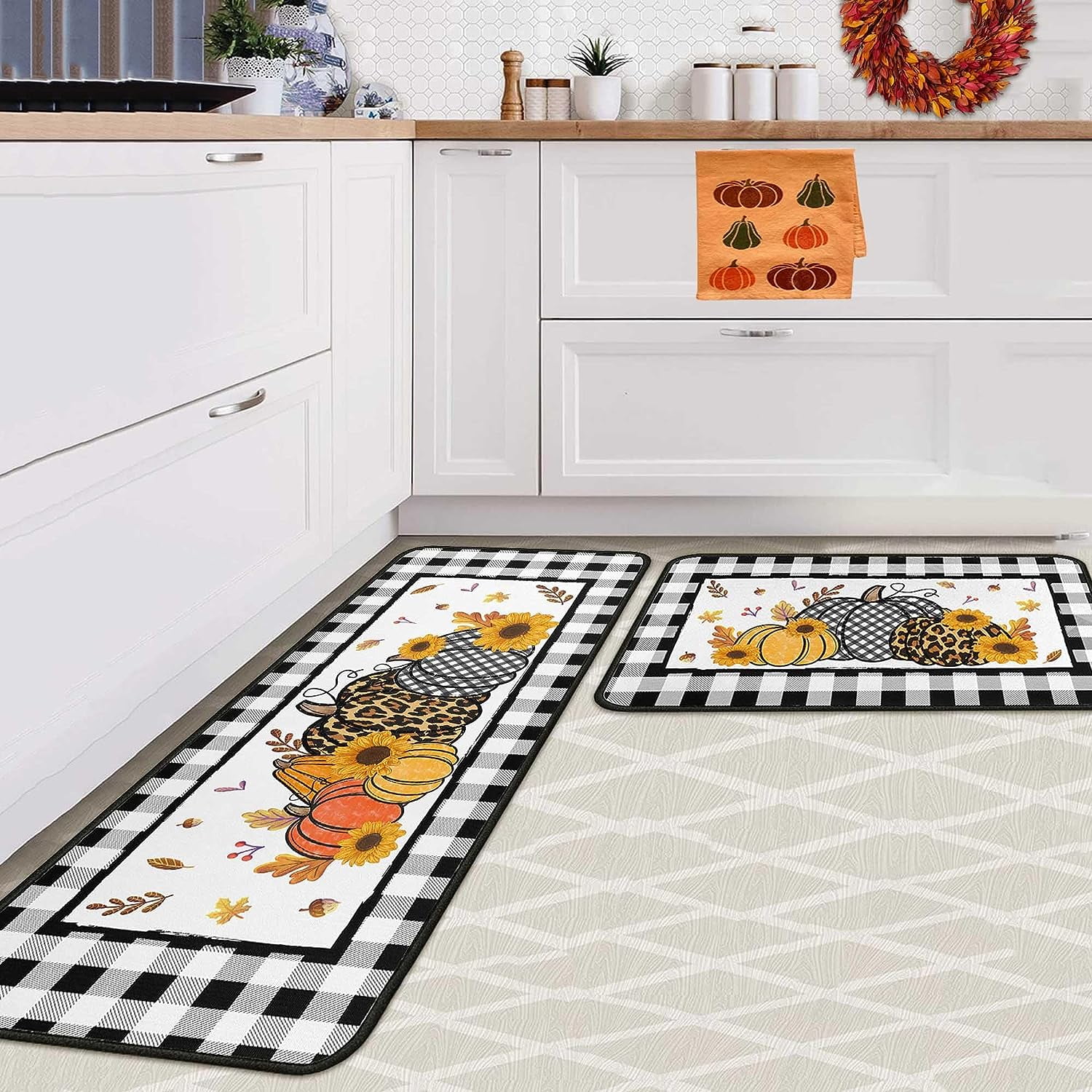 Buffalo Plaid Pumpkin Fall Kitchen Rugs Set of 2,Thanksgiving Autumn