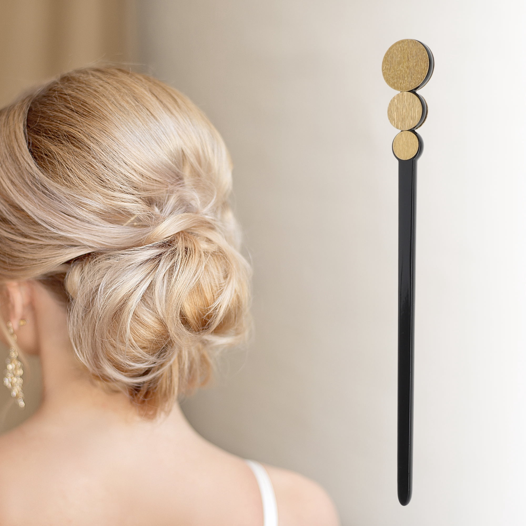 Unique Bargains Comfortable Three Circles Hair Chopstick for Women 1 Pc Black, Gold Tone