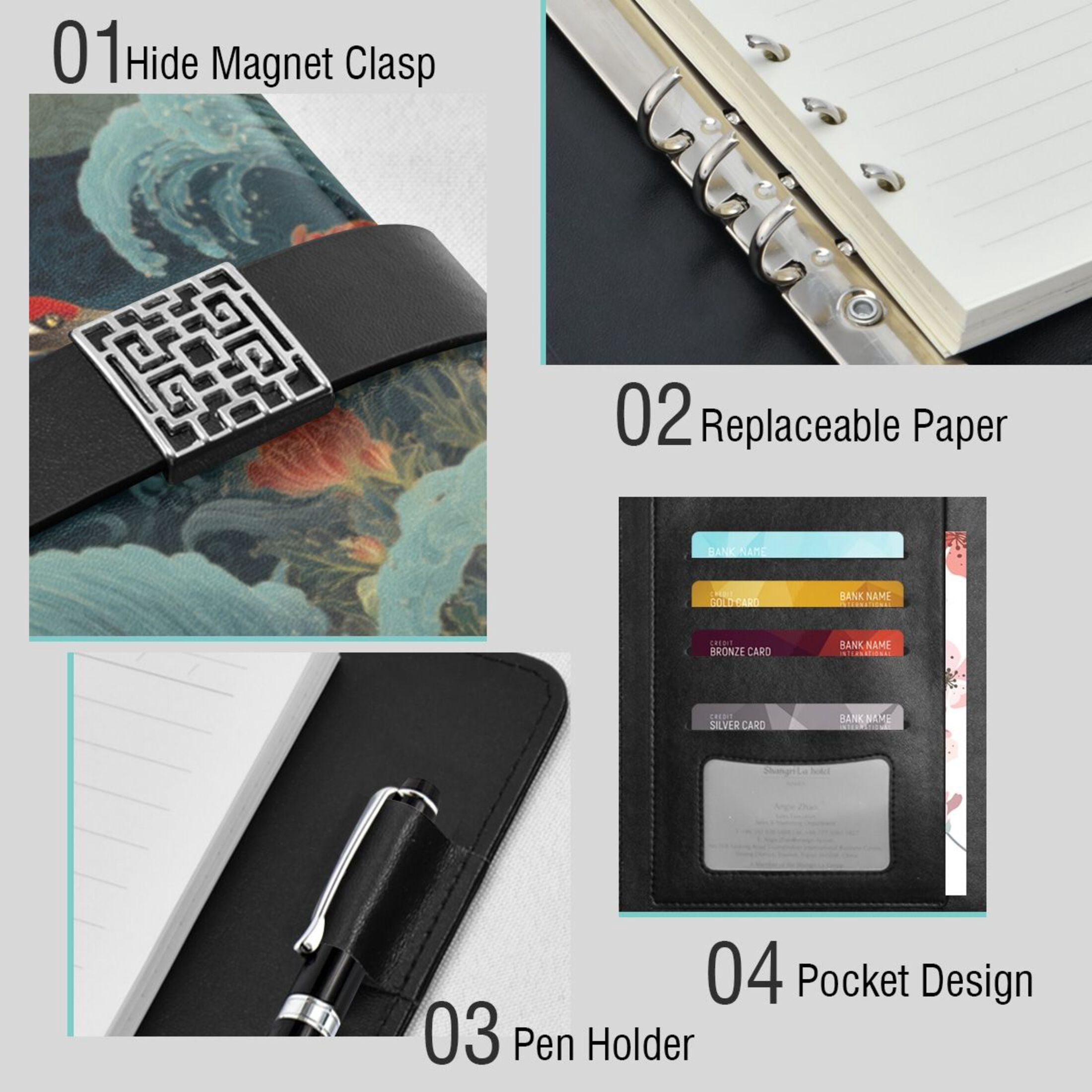 Leather Planner Leather Notebook Notebook Journal Binder Design Pen Pocket Design Convenient for Storage Crane Sea Waves