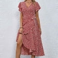 thumbnail image 4 of Vestido de Manga Corta para las Mujeres Corbata de Impresión Casual Cuello en V Irregular, Vestido de Verano para las Mujeres, 4 of 5