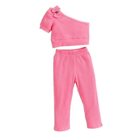 

Bagilaanoe 2pcs Girl Long Pants Set Short Sleeve One Shoulder Bowknot Tops Trousers 18M 24M 3T 4T 5T 6T Kids Pink Casual Summer Outfits