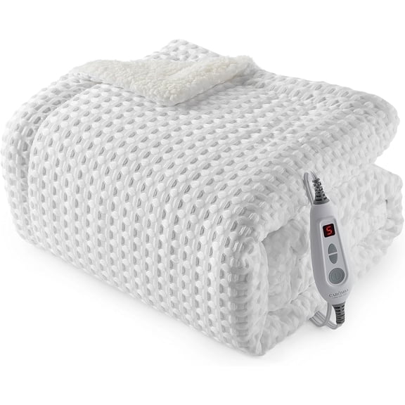 GARVEE Heated Electric Blanket Throw,50"x60" Waffle Weave Fast Heating Blankets,6 Heat Levels & 4 Hour Auto Shut Off,White