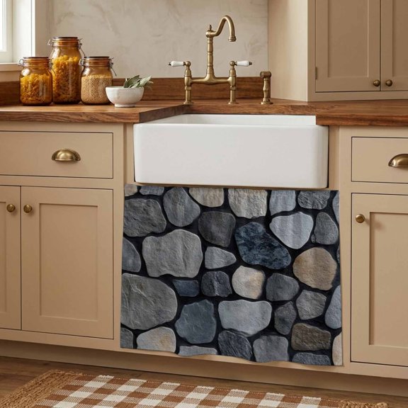 Rustic Stone Wall Small Cabinet Curtains 10"W x 11"L, Farmhouse Natural Country Art Sink Skirt Dust-Proof Short Curtain for Bathroom Vanity Storage Cubby Desk, Self Adhesive Privacy Drapes