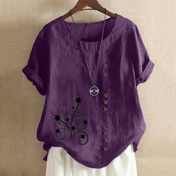 VEKDONE Casual Print Linen Tshirts for Women Summer Short Sleeve Button Tunics Tops Plus Size Loose Fit Casual Blouse Lightweight Comfy Peasant Shirts Todays Daily Deals