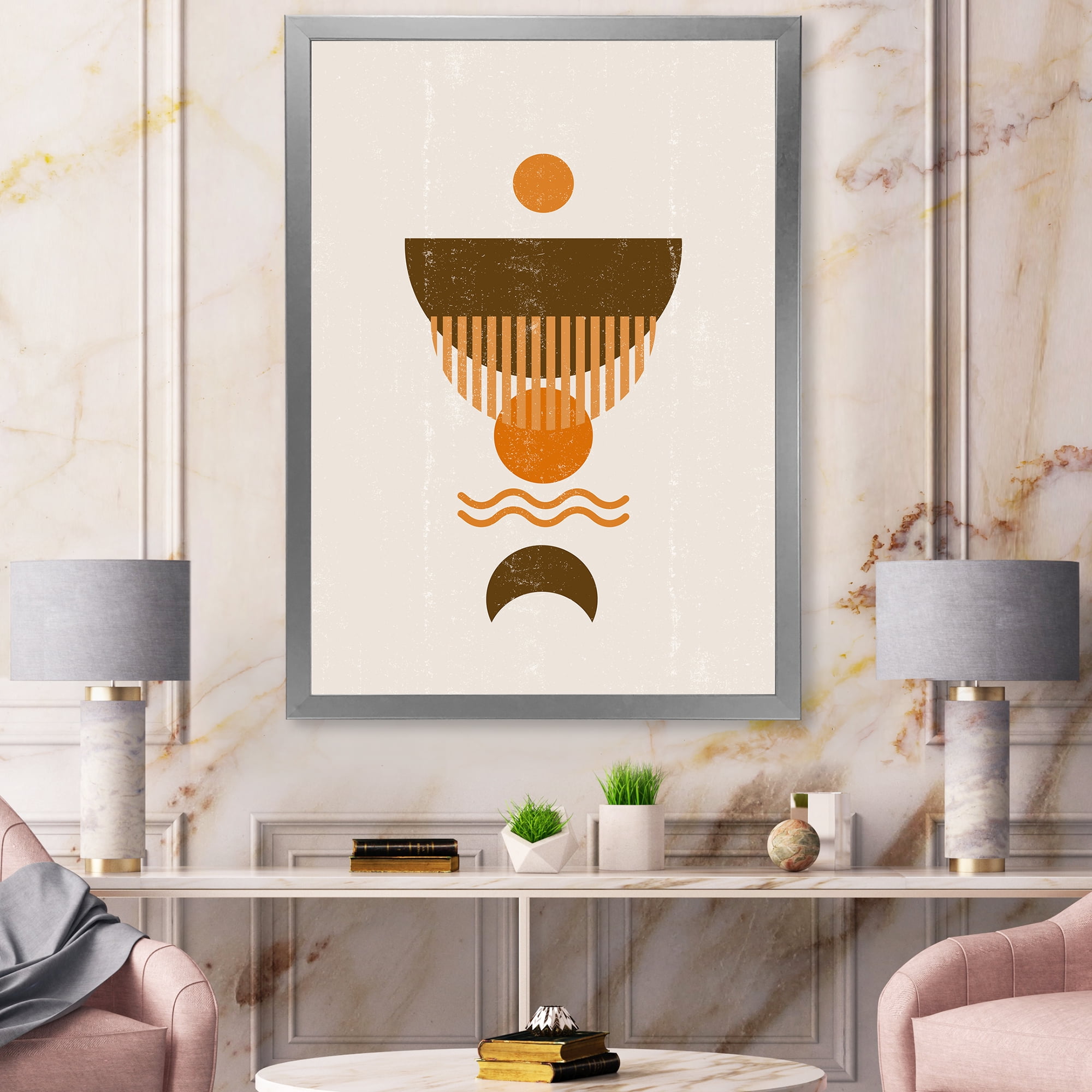 Designart 'Abstract Minimal Brown Moon and Orange Sun' Modern Framed Art Print