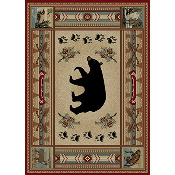 Rustic Lodge Bear Moose Red 5x7 Area Rug, 5`3x7`3
