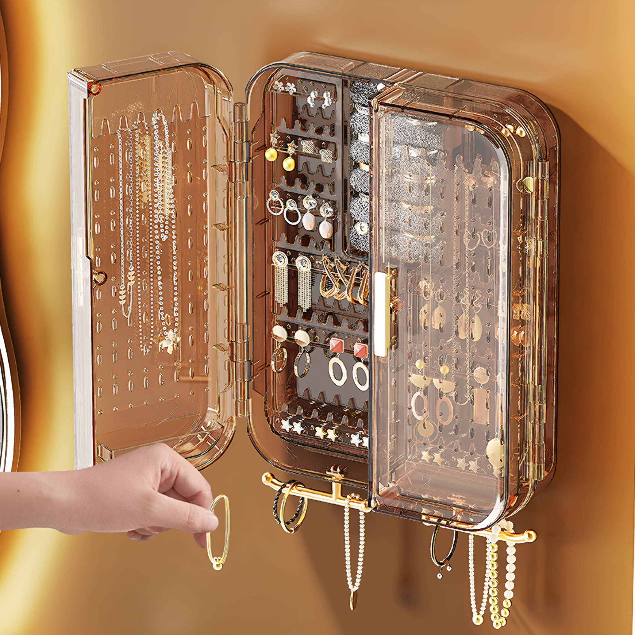 XIBUFE Wall Mounted Jewelry Organizer Hanging Box | Transparent Necklace Holder | Earring and Ring Storage Rack | No Punching | Decorative Display for Home