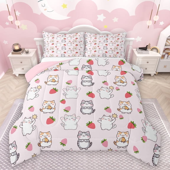 Castle Fairy Cartoon Cats Strawberry 2-Piece Twin Comforter Set