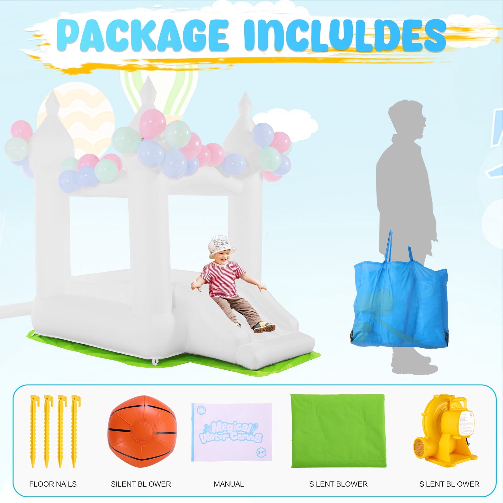 Funcid Inflatable Bounce House, Indoor Outdoor Bouncy Castle with Slide, Blower & 108 Air Balloons for Kids 3-8, 102"x70"x97", White