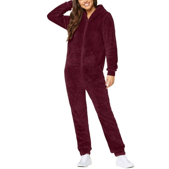 Women's Fleece Onesie Loungewear Pajamas Winter Warm Fuzzy One Piece Romper Zipper Hooded Jumpsuit Sleepwear