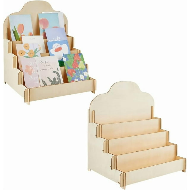 2 juegos de expositor de tarjetas de felicitación de 4 niveles, expositor de pegatinas de madera, estante portátil para tarjetas, expositor de postales, organizador de joyas