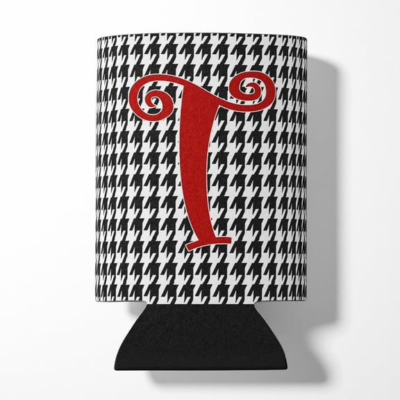 Letter T Initial Monogram - Houndstooth Black Can or Bottle Hugger