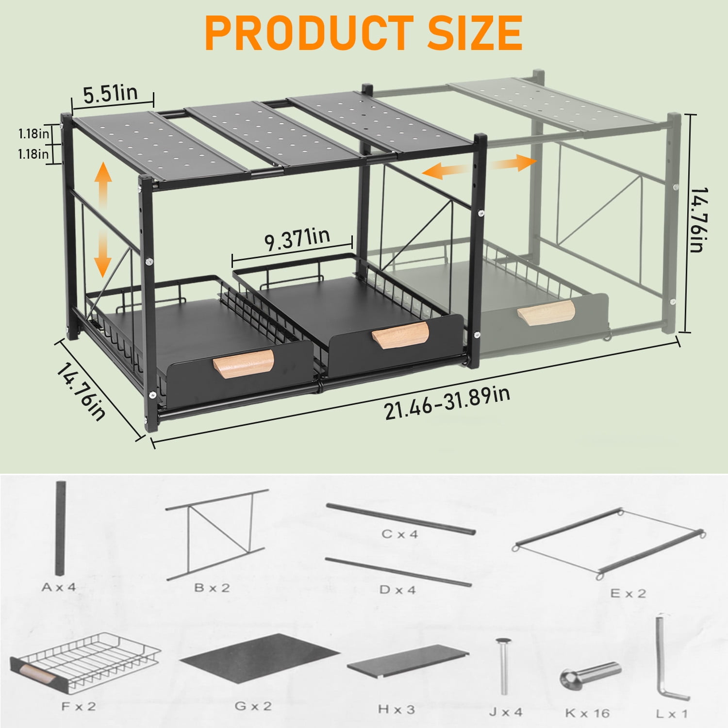 2 Tier Under Sink Organizer and Storage, Expandable Length 21.5"-31.8", Height Adjustable, 2 Sliding Drawers & Movable Top Shelves, for Bathroom & Kitchen, Black