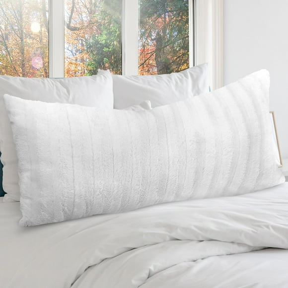 Cheer Collection Faux Fur Long Body Pillow - Accent Throw Pillow for Bed and Couch - Decorative Lumbar Pillow with Insert, White (18" x 40")