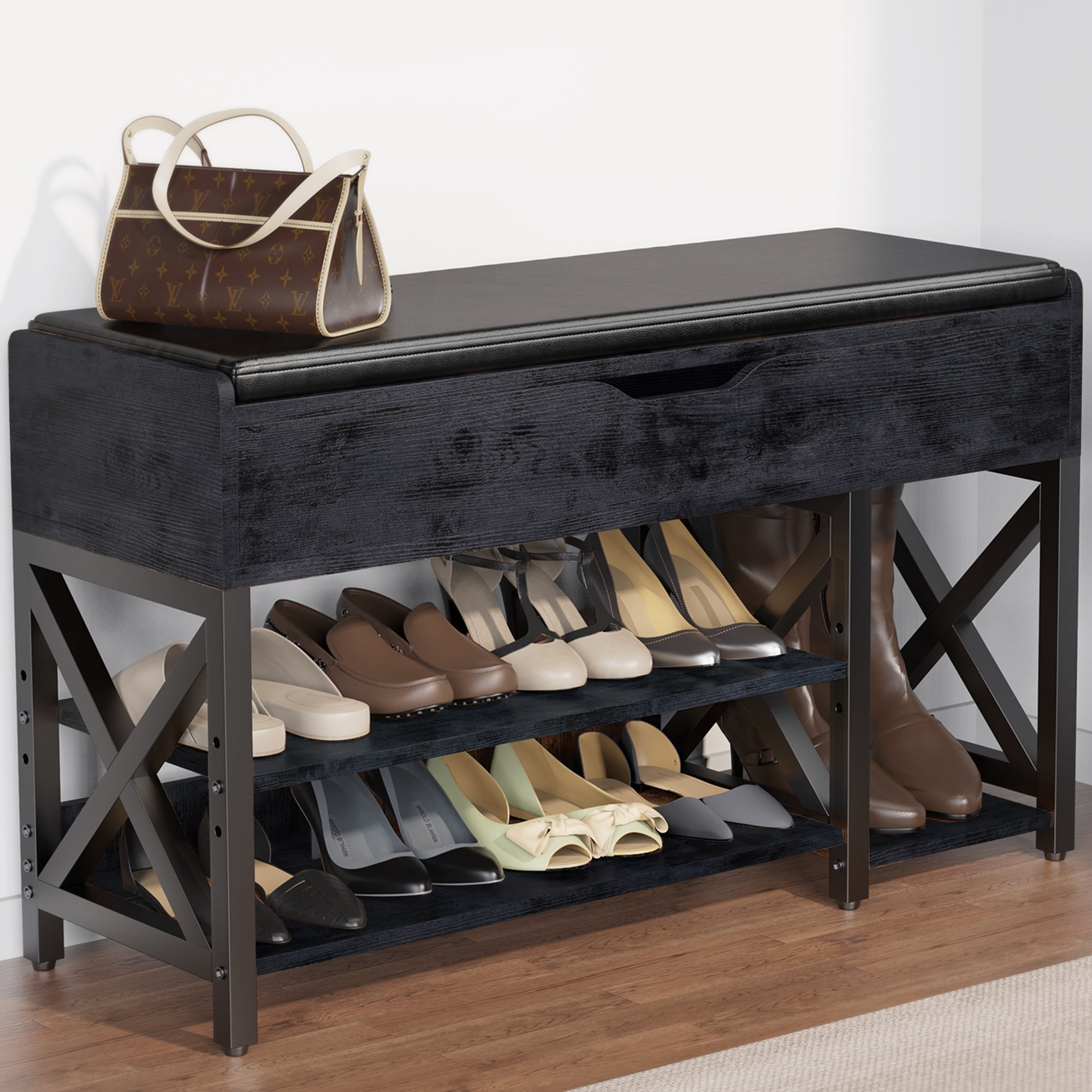 Shoe Bench, Lift Top Shoe Storage Bench, Adjustable Shelf Entryway Bench, Metal and Wood Shoe Rack Organizer with Cushion for Entry, Bedroom, Closet, Living Room, Hallway (Black, 39.5“W)