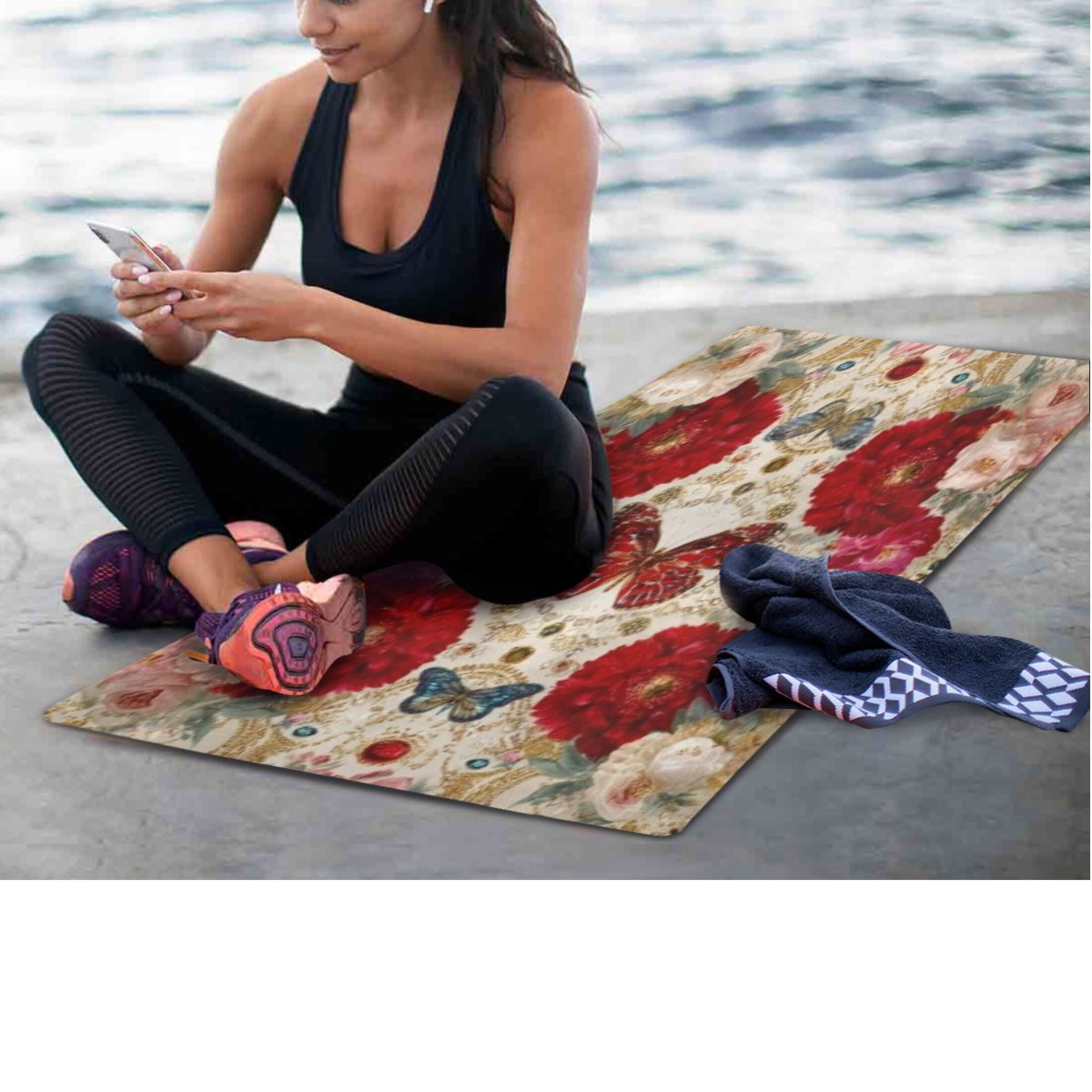 BZSMCE Yoga Mat Women Fitness Mat Red Rose Butterfly Opulence Pattern