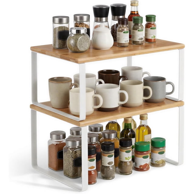 Organizadores de Cocina, Juego de 4 Estantes de Cocina, Apilables, Expandibles, Negro y Natural