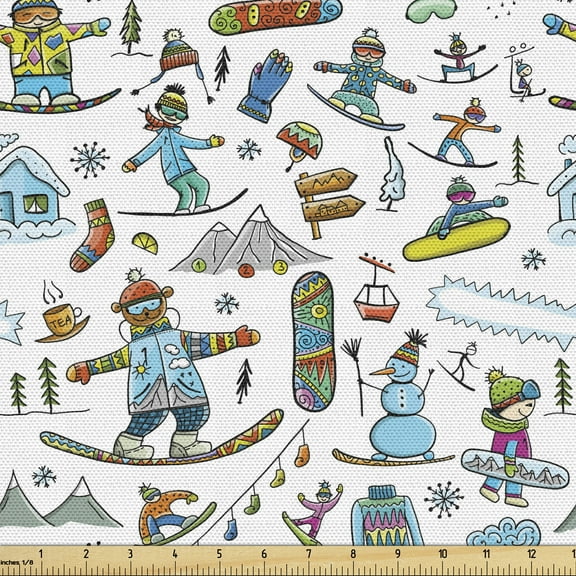 Ski Pattern Upholstery Fabric by the Yard, Colorful Doodle Repetition of Winter Items and Happy, Decorative Fabric for DIY and Home Accents, 1 Yard, White Multicolor by Ambesonne