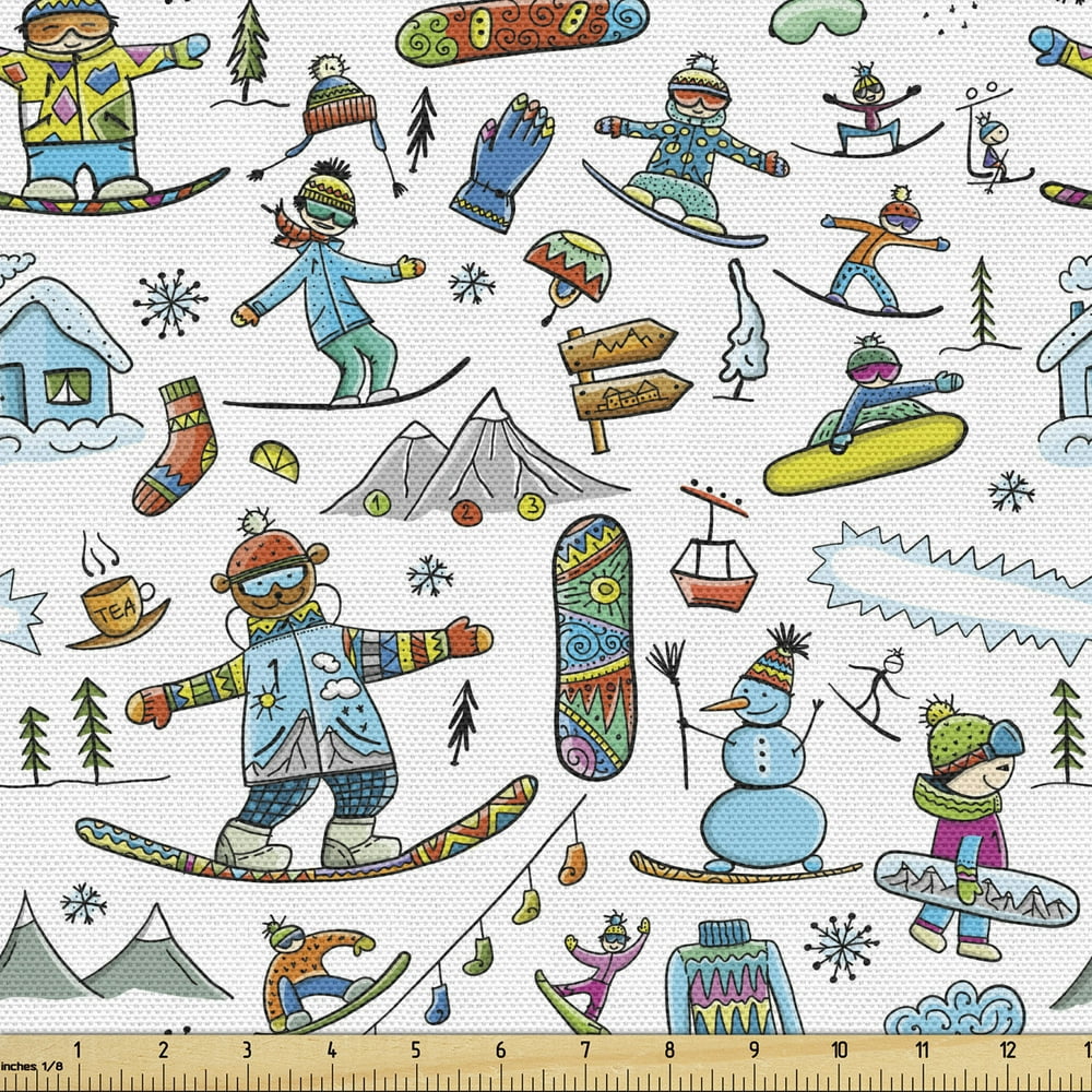 Ski Pattern Upholstery Fabric by the Yard, Colorful Doodle Repetition