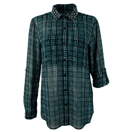Women's Tweed Haberdashery Print Georgette Roll-Sleeve Shirt (X-Small, Deep Teal)