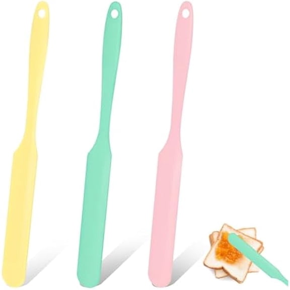 3pcs Silicone Jar Spatula Heat Resistant Kitchen Spatulas with Long Handle, Mixing Batter Scraper Jam Spreader Cake Cream Butter Spatulas for Jars Baking Cake Icing (Pink&Yellow&Light Green)