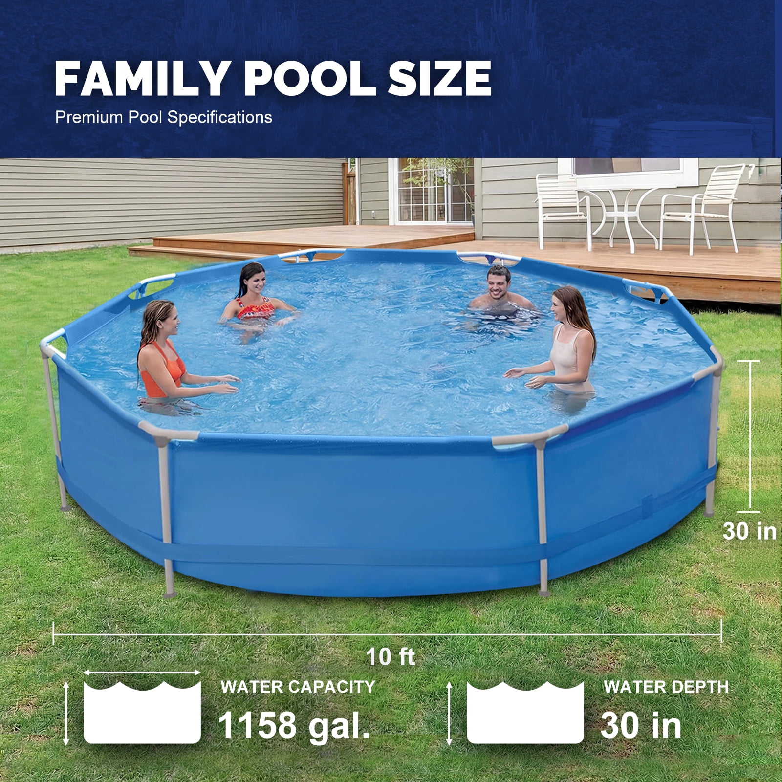 Honeydrill 10ft x 30in Metal Frame Above Ground Swimming Pool, Round