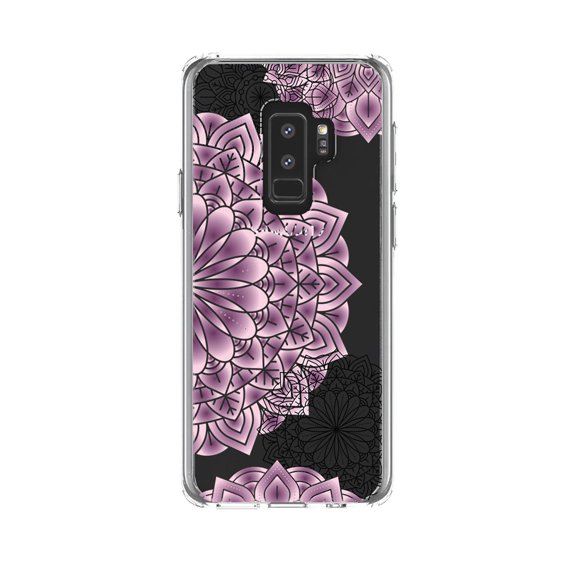 DistinctInk Clear Shockproof Hybrid Case for Samsung Galaxy S9  PLUS (6.2" Screen) - TPU Bumper, Acrylic Back, Tempered Glass Screen Protector - Mandala - Purple and Pink and Black