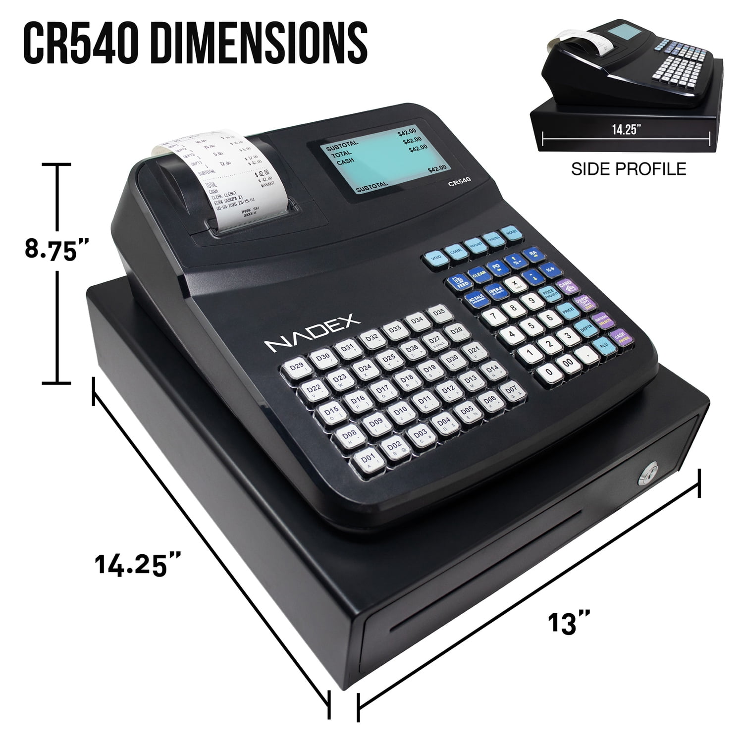 Nadex Coins CR540 Electronic Cash Register with Locking Cash Drawer, Thermal Printer, 2 Displays, 60 PLUs, 70-Key Keyboard, RJ11/Serial/USB Ports