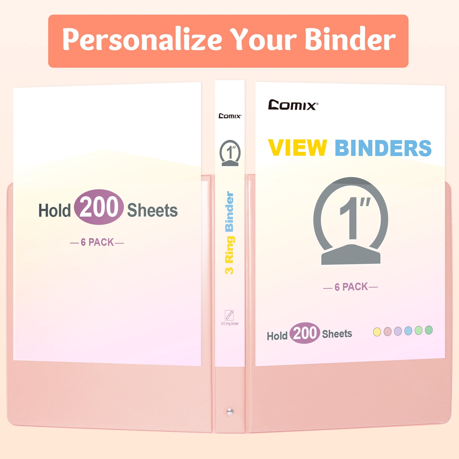 Comix 1 inch 3-ring Binder,Round Ring, 200 Sheets Capacity, 6 Pack Light Pink