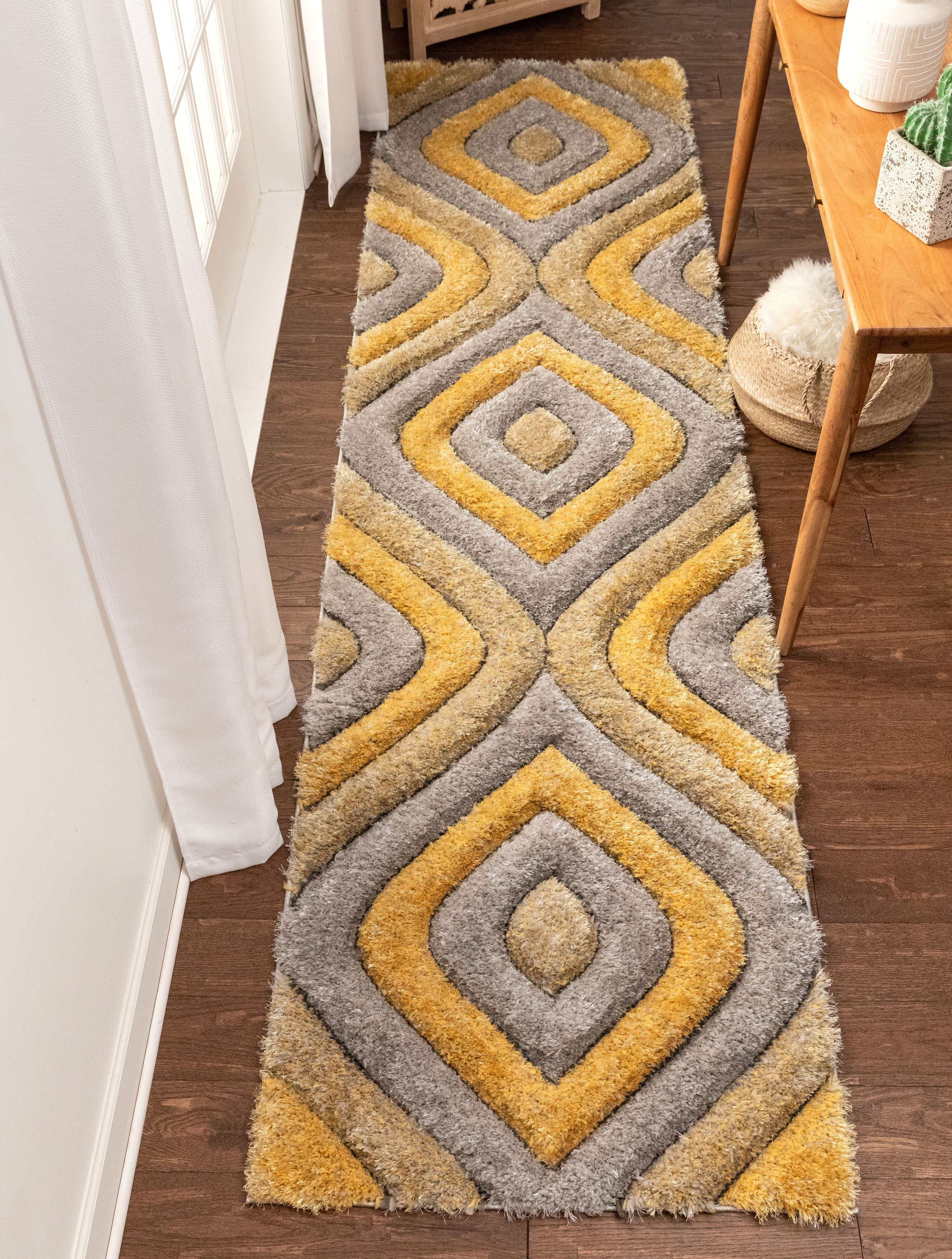 Yellow Grey Geometric Living Room Rugs Soft Ochre 3D Design Lounge Carpet Rugs 