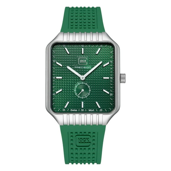 Reloj Glock Precision para hombre, carcasa de acero plateado y silicona verde