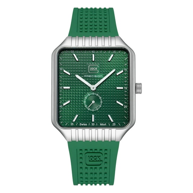 Reloj Glock Precision para hombre, carcasa de acero plateado y silicona verde