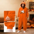 thumbnail image 4 of Matching Halloween Pumpkin Onesie Costume for Couple, Flannel Hooded Pumpkin Pajamas with Flying Ghost and Broom Print, Halloween Pajamas for Adults, Oversized Jumpsuit Loungewear for Trick or Treat, 4 of 9