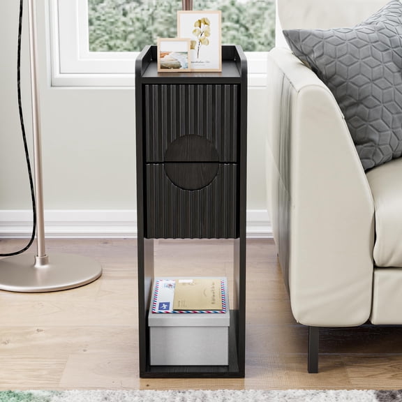 Set of 2 Narrow Nightstands with Charging Station, Drawer & Open Shelf, Black, 13.78 x 7.87 x 24.41 in