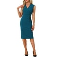 thumbnail image 3 of INSPIRE CHIC Women's Sheath Dress Sleeveless V Neck Wear-to-Work Belt Pencil Dresses Peacock Blue S, 3 of 7