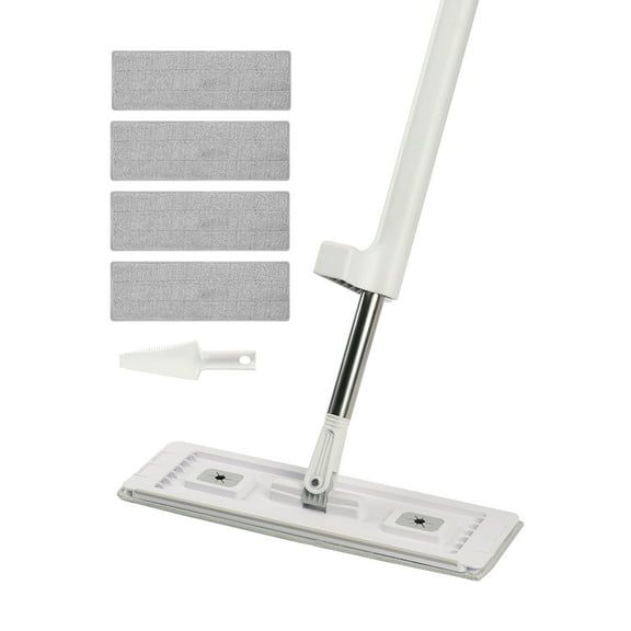KFFKFF Flat Mop, Self-Draining, Microfiber Ground Sweeper with 4 Interchangeable & Launderable Pads for Both Dry & Damp Surface Purification, Microfiber Flat Sweeper with Metallic Handle