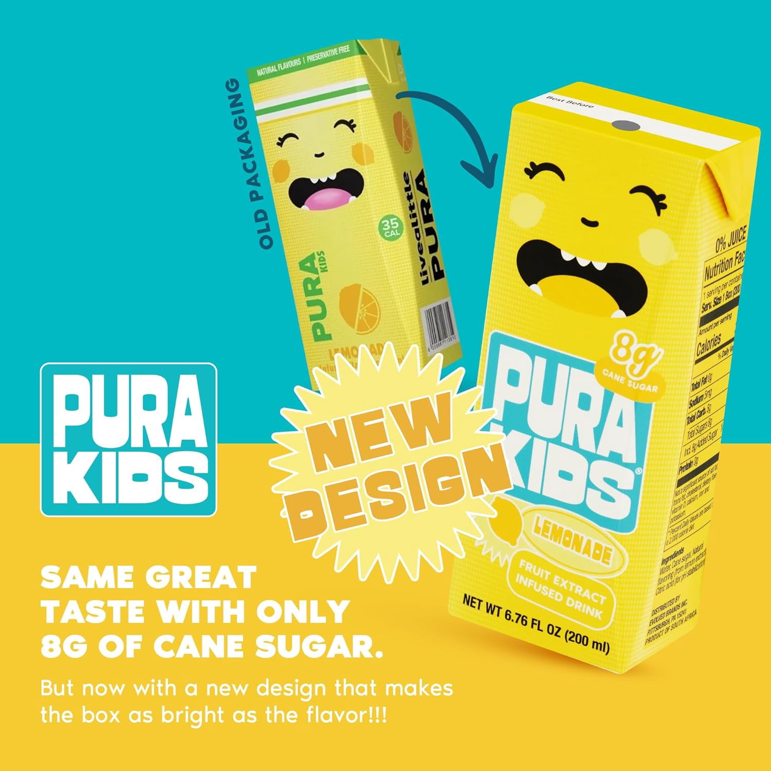 PURA Kids Box | Lemonade Fruit extract infused Drink for kids | 8g Pure Cane Sugar | Non-GMO | Vegan, No Artificial Sweeteners | Best Lunchbox Beverage with Paper Straw | 6.67 fl oz (200ml) 24-Pack