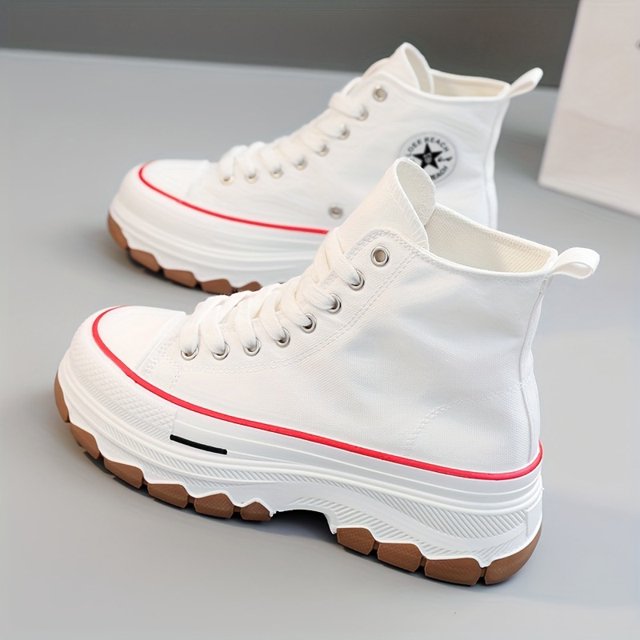 Zapatos De Lona De Caña Alta Para Mujer, Zapatillas Clásicas Con Cordones Y Plataforma, Zapatos Para Exteriores Para Mujer Que Combinan Con Todo