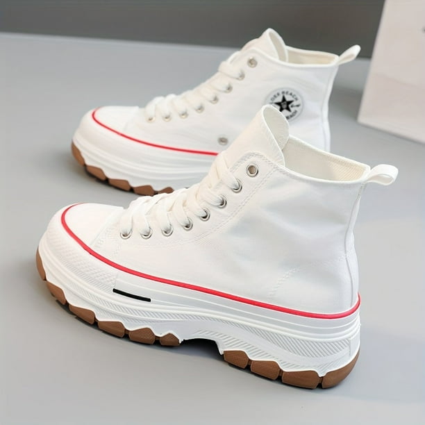 Zapatos De Lona De Caña Alta Para Mujer, Zapatillas Clásicas Con Cordones Y Plataforma, Zapatos Para Exteriores Para Mujer Que Combinan Con Todo