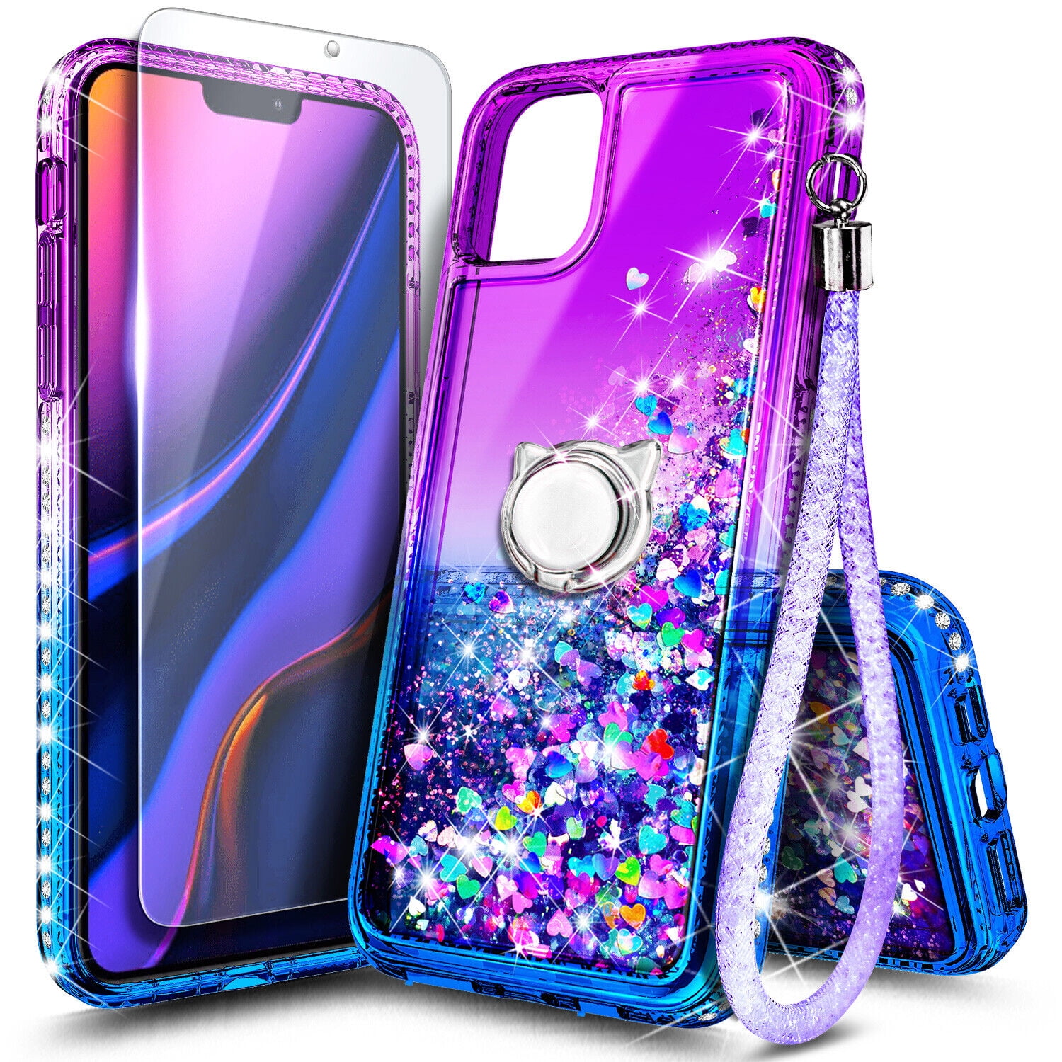 Case for iPhone 14, Moving Liquid Holographic Glitter Case with Kickstand, Women Slim Protective Case, Purple&Blue