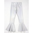 thumbnail image 5 of iiniim Kids Girls Shiny Dance Trousers Ruffle Hem Bell-bottom Jazz Dancewear High Waist Long Pants Size 6-16 Colorful Silver 6, 5 of 7