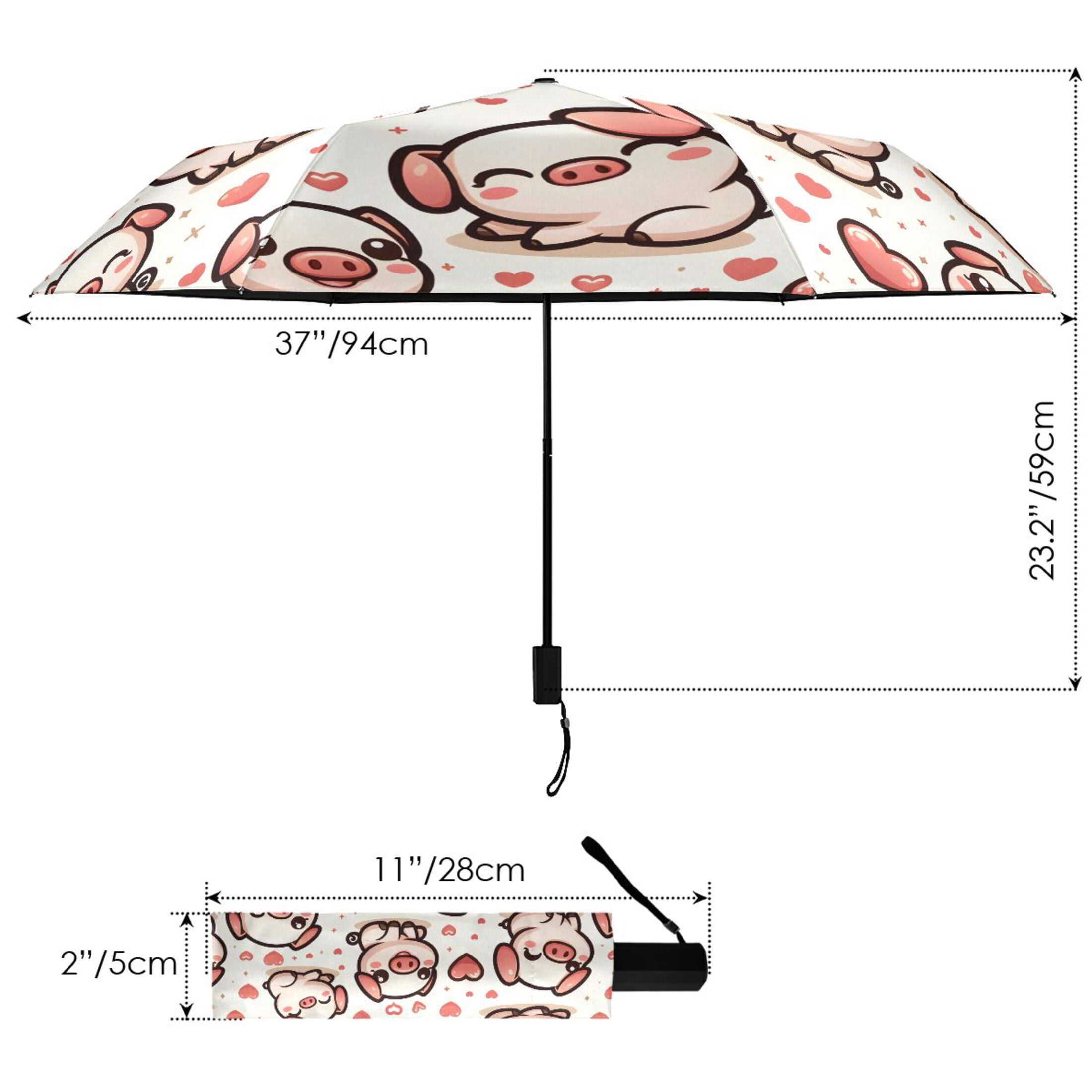 Cute Pig with Hearts Compact Sun Umbrella Windproof Travel Umbrellas for Rain Strong Portable UV Protection
