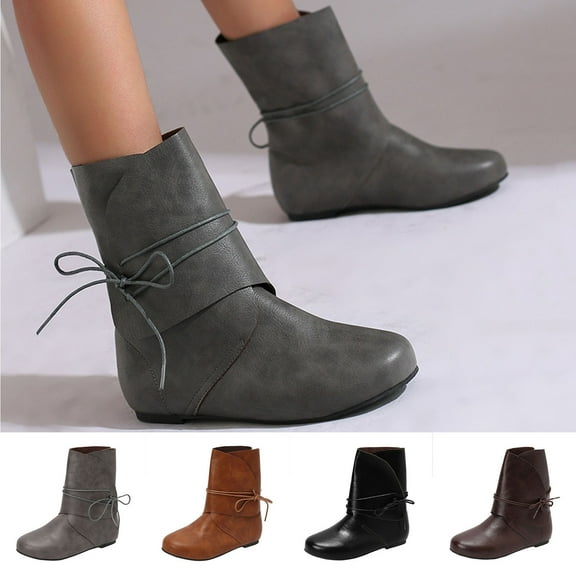 Women Boots Flat Heel Round Toe Lace-Up Mid Calf Women's Flats Boots Fashion Casual Versatile Warm Fall Winter Comfortable Shoes for Women Brown 6