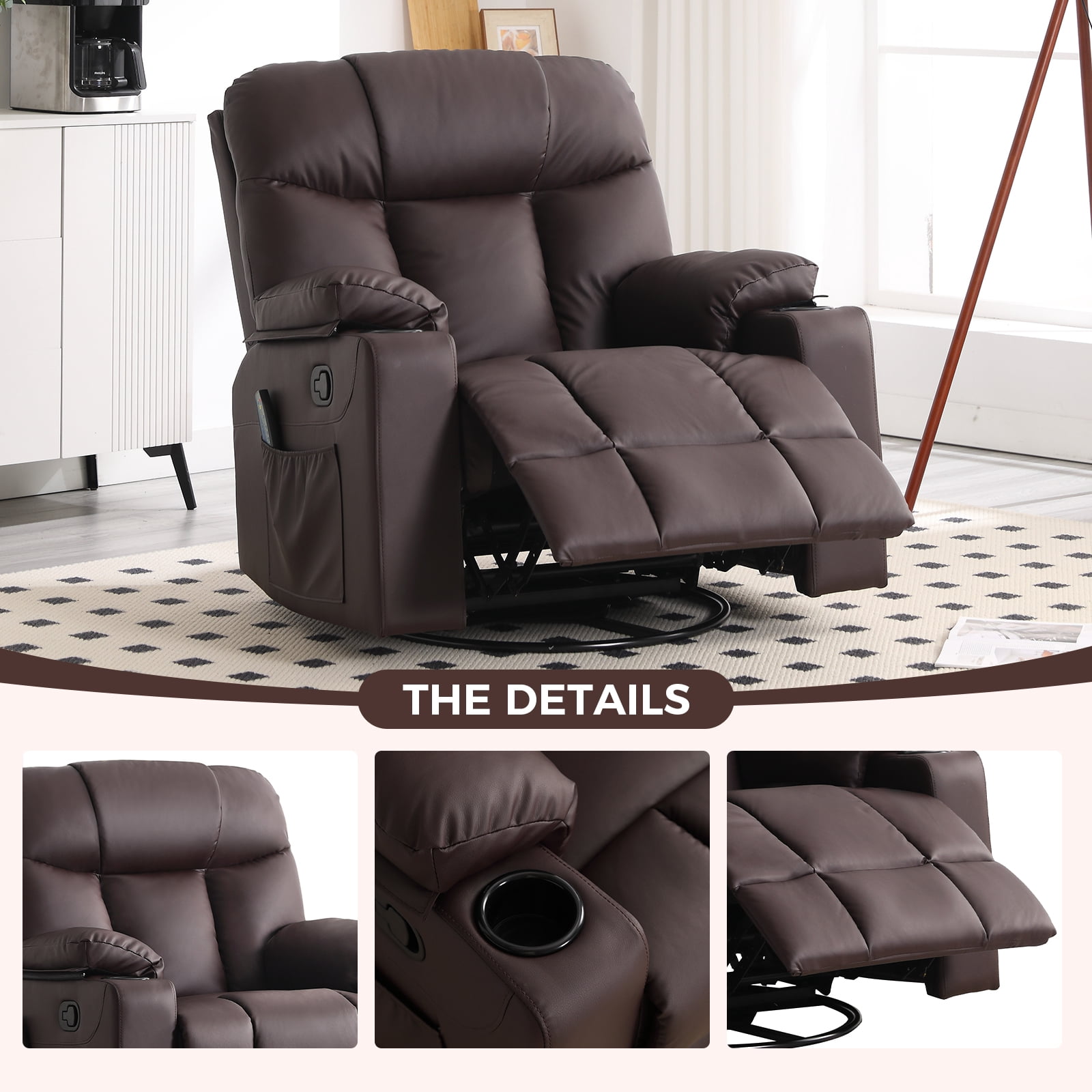 Bonzy Home Rocker Recliner Chair with Swivel Base, Massage & Heat, 2 Cup Holders – Comfortable Recliner for Living Room, Bedroom, Office