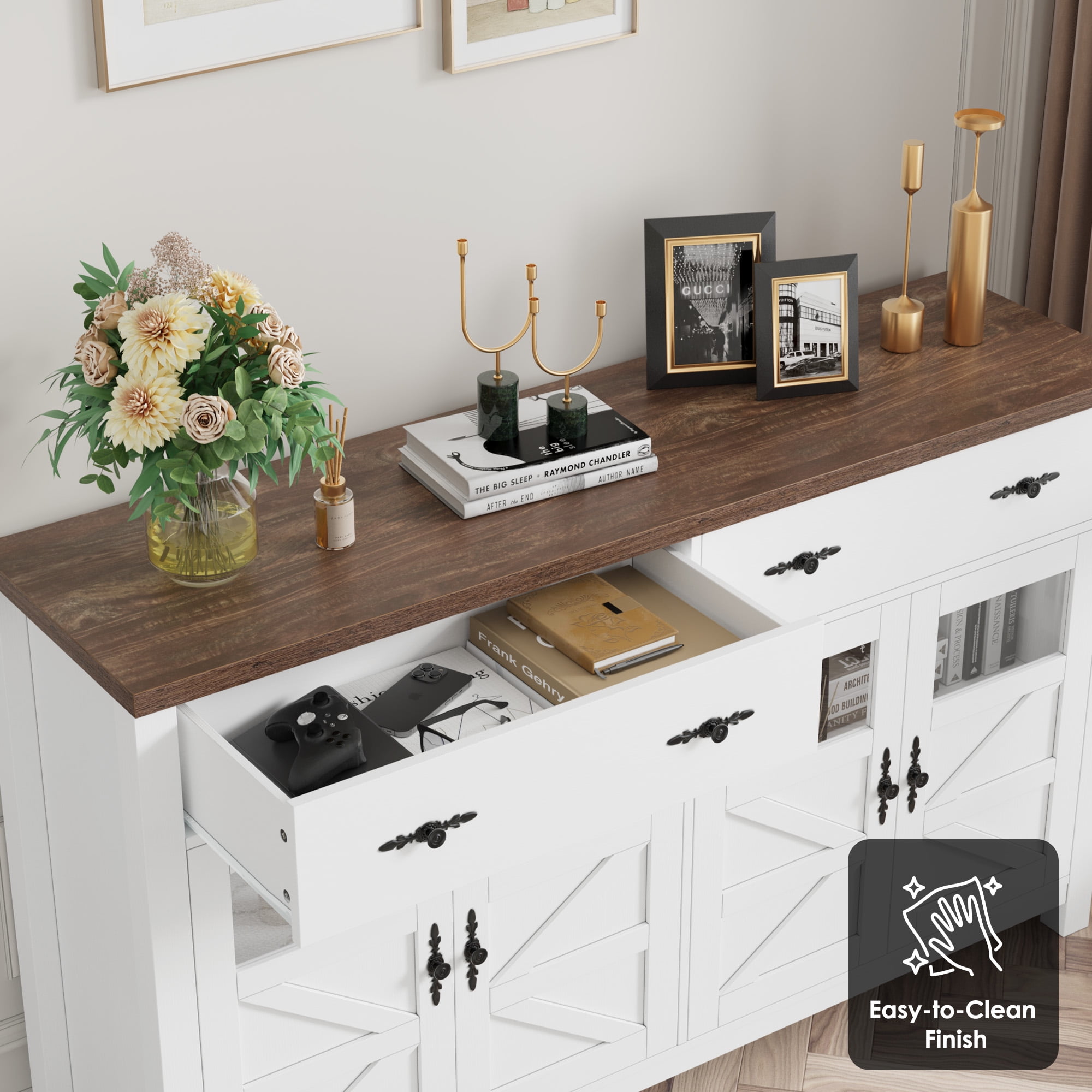 Homfa Farmhouse 55.1"W Kitchen Buffet Cabinet with Storage Drawer & Adjustable Shelf, Glass Door Wood Sideboard Credenza Coffee Bar with for Dining Room Living Room, White & Natural Wood