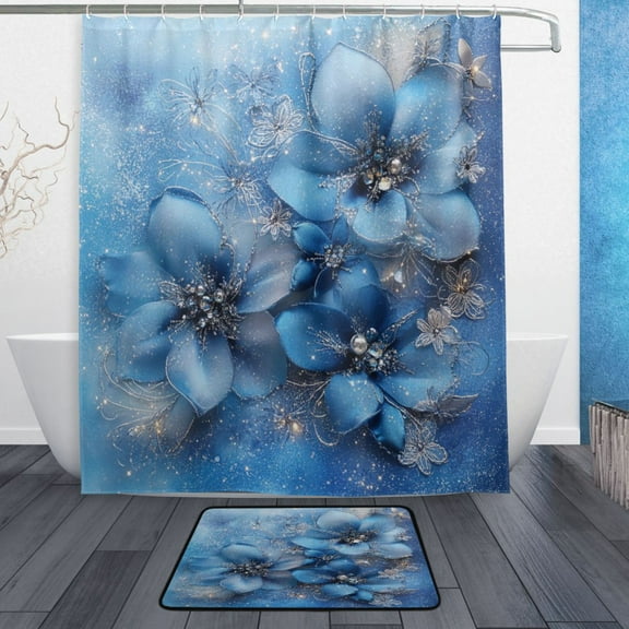 Bath Curtain & Non-Slip Bath Mat Set 12-Grommet Shower Curtain Memory Foam Bath Rug Three Large Blue Flowers
