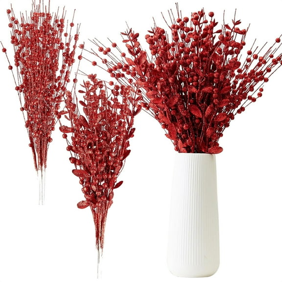 NOGIS 16 Pack Christmas Tree Picks Ornaments, Artificial Glitter Berry Stem Glittery Twigs Ornaments for Christmas Tree Decorations, Small Vase, Holiday, Wedding, Party Decorations (Red)