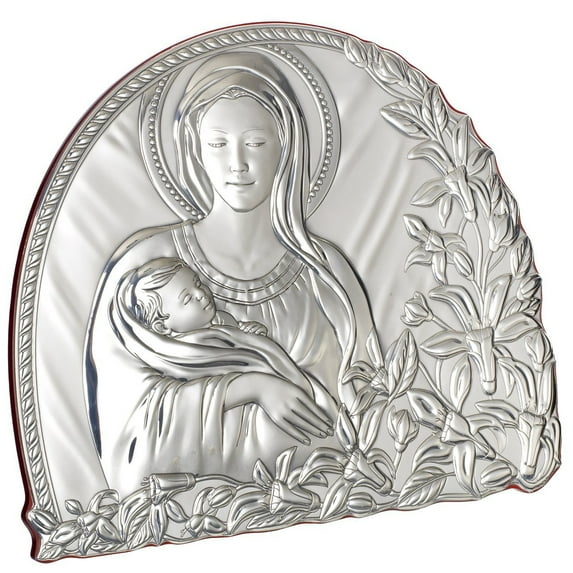 Italian Sterling Silver Argento Madonna and Child Religious Icon,On Cherry-wood Back